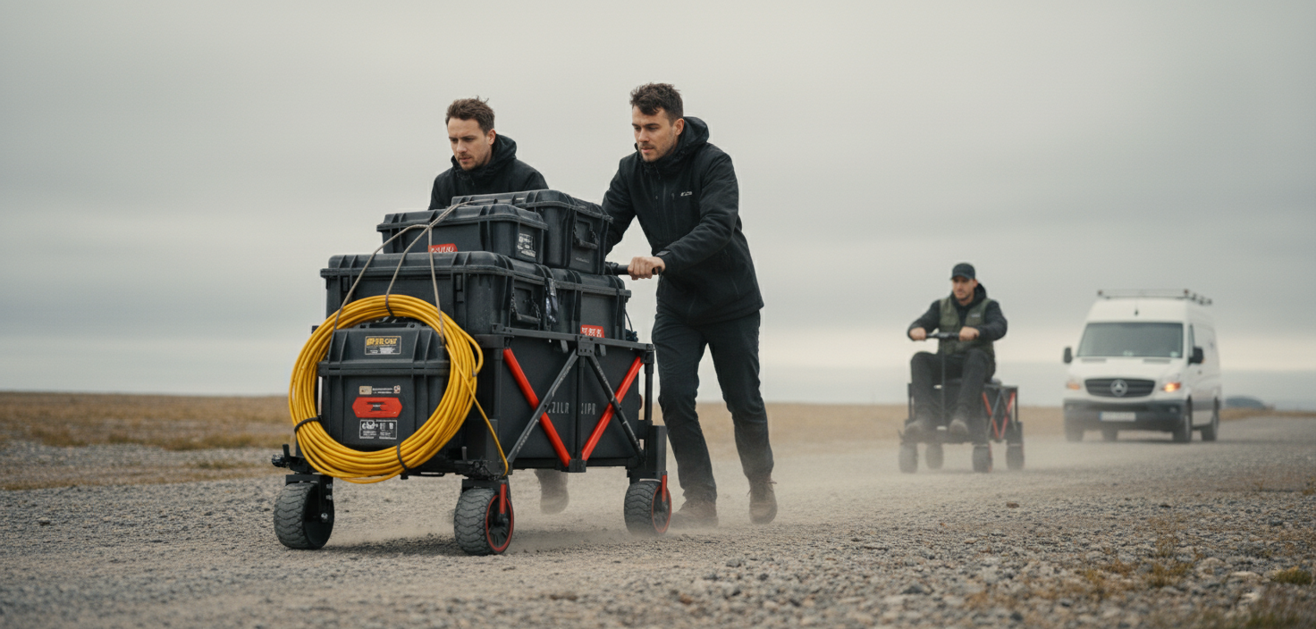 Équipe de production en extérieur avec des chariots ZIPR