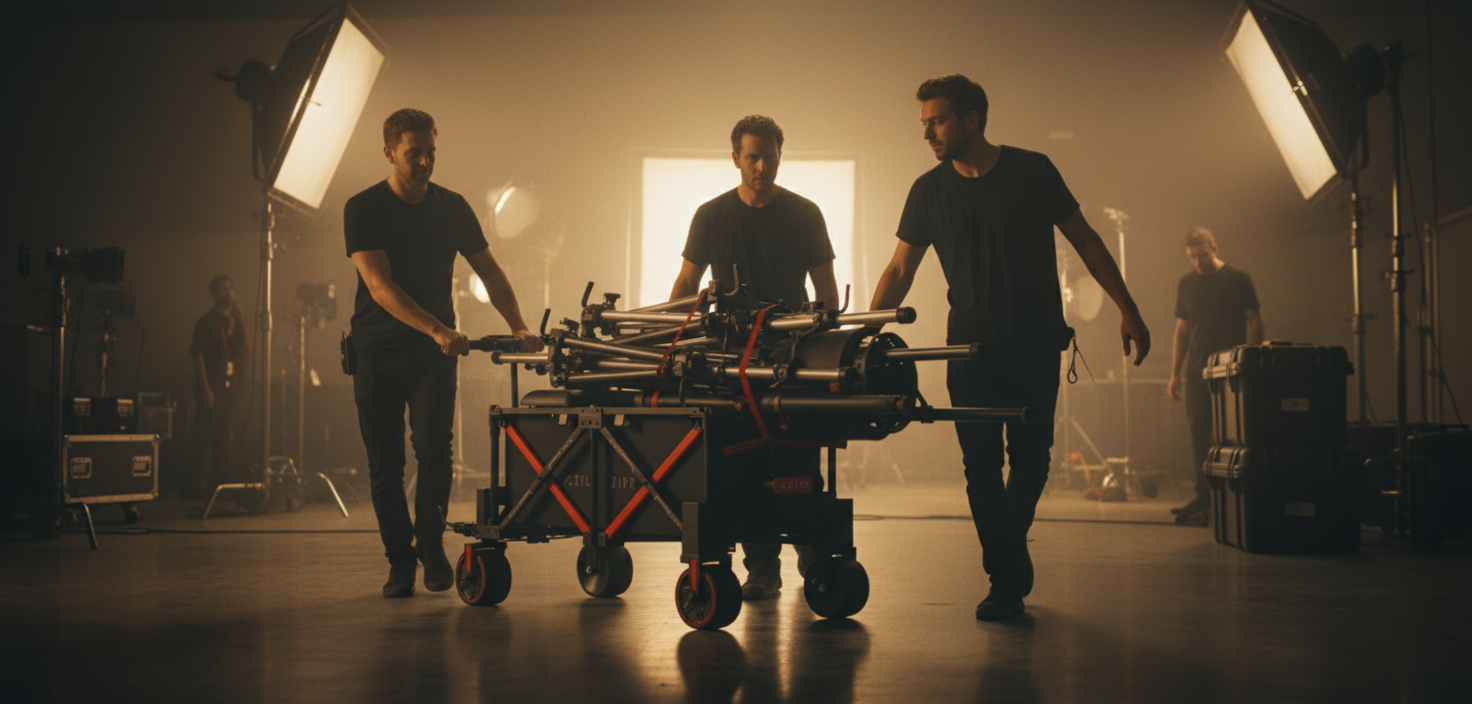Technicien de plateau poussant un chariot ZIPR en studio